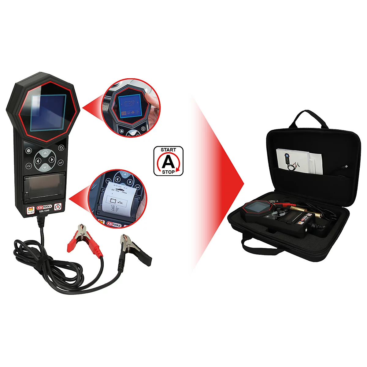 Batterietester mit roter und schwarzer Klammer und Display. Geöffneter Koffer mit Zubehör.
